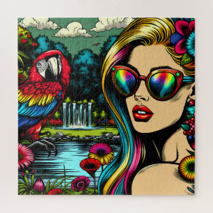 Retro Vrouw en Papegaai in het Park Pop Art Legpuzzel