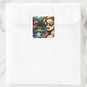 Retro Vrouw en Parrot in het Park Pop Art Vierkante Sticker (Tas)