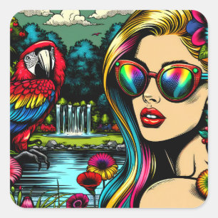 Retro Vrouw en Parrot in het Park Pop Art Vierkante Sticker