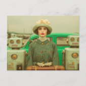 Retro Vrouw en Twee Robots Briefkaart (Voorkant)
