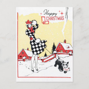 retro vrouw hond Kerst briefkaart