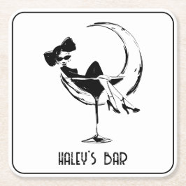 Retro vrouw in martini glas bar  vierkante kartonnen onderzetter