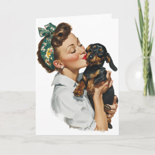 Retro vrouw kust schattige dachshund kaart