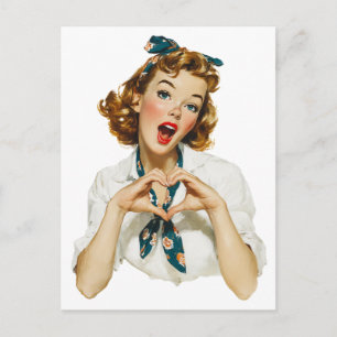 Retro vrouw maakt hart gebaar briefkaart