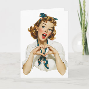 Retro vrouw maakt hartgebaar kaart