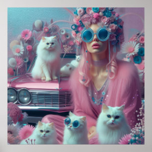 Retro vrouw met witte katten poster