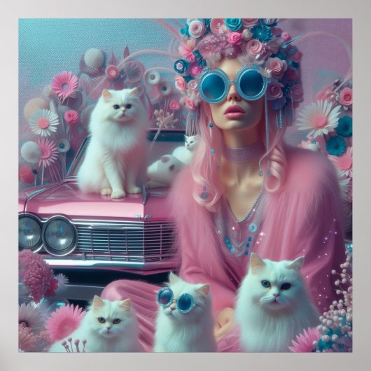 Retro  vrouw met witte katten poster (Voorkant)
