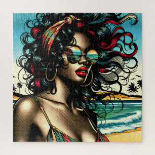 Retro Vrouw op Strand Comic Stijl Pop Art Legpuzzel