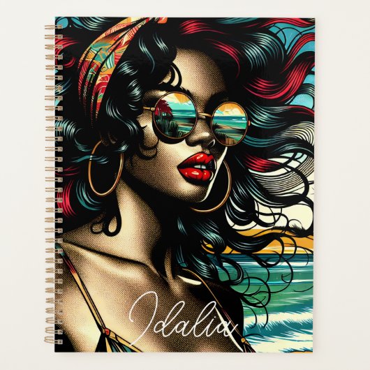 Retro Vrouw op Strand Comic Style Pop Art Planner (Voorkant)
