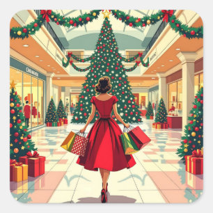 Retro Vrouw Winkelt met Kerst in het Midden van de Vierkante Sticker