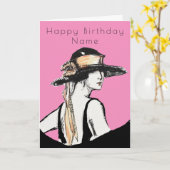 Retro Vrouw Zwart Hoed Art Deco Roze Verjaardag Kaart (Gele Bloem)