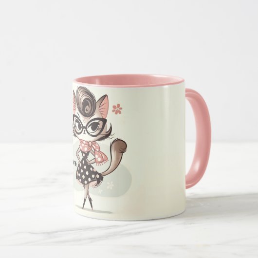 Retro  vrouwelijk katje met kattenbril mok (Voorkant rechts)