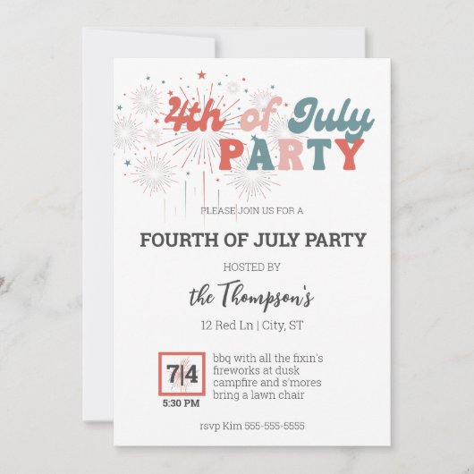 Retro vuurwerk 4 juli Uitnodiging voor een feestje (Voorkant)