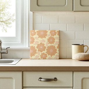 Retro Warm Cream Sinaasappel Bloemen Tegeltje