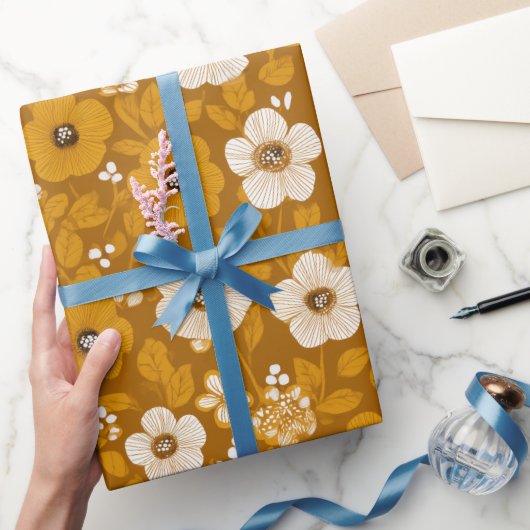 Retro warme toon bloem mosterd bloemmotief cadeaupapier (Geschenken)