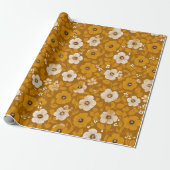 Retro warme toon bloem mosterd bloemmotief cadeaupapier (Uitgerold)
