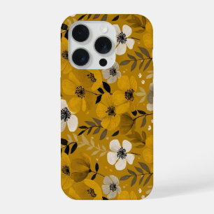 Retro warme toon bloem mosterd bloemmotief iPhone 15 pro hoesje