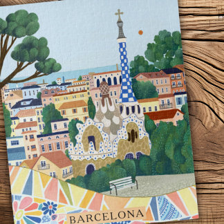 Retro Watercolor Barcelona Spain Travel  Legpuzzel