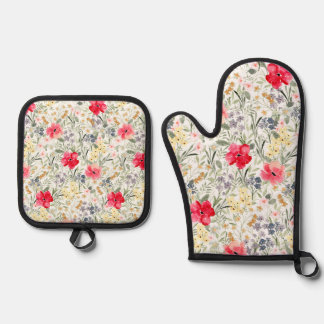Retro Waterverf bloemen Ovenwant & Pannenlap Set