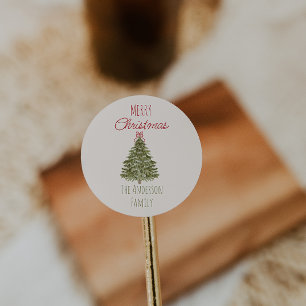 Retro Waterverf Groene Rode Kerstboom  Ronde Sticker