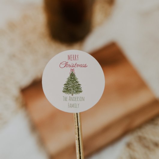 Retro Waterverf Groene Rode Kerstboom  Ronde Sticker