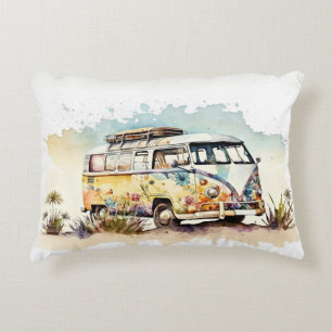 Retro Waterverf Hippiebus met bloemen Accent Kussen
