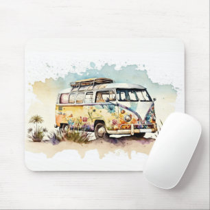 Retro Waterverf Hippiebus met bloemen Muismat