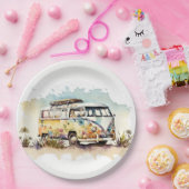 Retro Waterverf Hippiebus met bloemen Papieren Bordje (Feest)