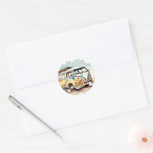 Retro Waterverf Hippiebus met bloemen Ronde Sticker (Envelop)