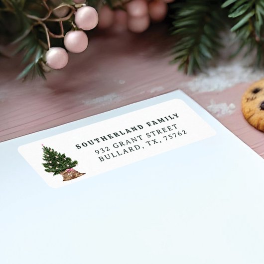 Retro Waterverf kerstboom monogram Etiket