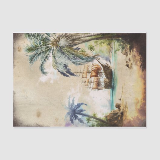 Retro Waterverf Piratenschip Palm Tree Decoupage Tissuepapier (Voorkant)