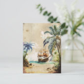 Retro Waterverf Piratenschip Palm Trees Oud Papier Briefkaart (Staand voorkant)