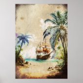 Retro Waterverf Piratenschip Palm Trees Oud Papier Poster (Voorkant)