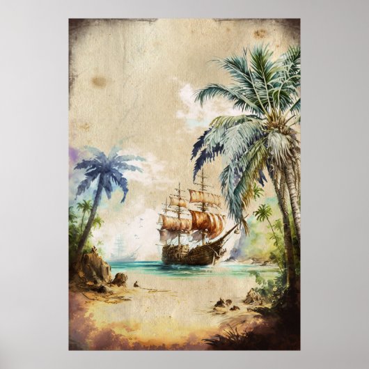 Retro Waterverf Piratenschip Palm Trees Oud Papier Poster (Voorkant)
