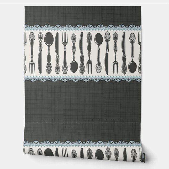 Retro  Waterverf Servies bestek Keuken Behang (Afrollen)