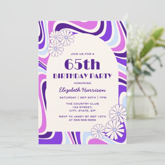 Retro Wave Bloem Arch Violet Blauw Verjaardag Kaart (Staand voorkant)