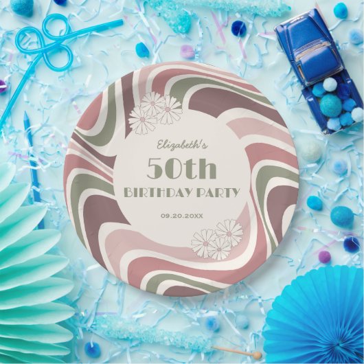 Retro Wave Bloem Sage Bruin Perzik Verjaardag Papieren Bordje (Feest)