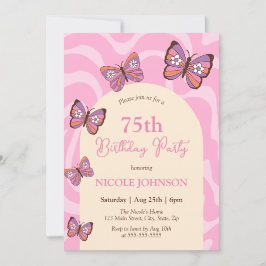 Retro Wave Butterfly Peach Roze Verjaardag Kaart (Voorkant)