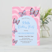 Retro Wave Butterfly Roze Blauw Verjaardag Kaart (Staand voorkant)