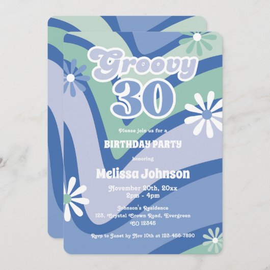 Retro Wave Daisies Groovy 30e blauwe verjaardag Kaart (Voorkant / Achterkant)