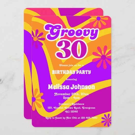 Retro Wave Daisies Groovy 30e Oranje verjaardag Kaart (Voorkant / Achterkant)