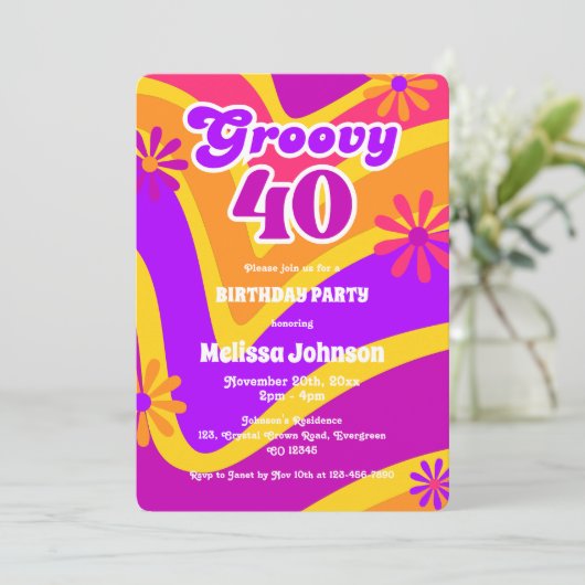 Retro Wave Daisies Groovy 40e Oranje verjaardag Kaart (Staand voorkant)