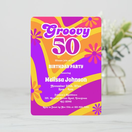 Retro Wave Daisies Groovy 50e Oranje verjaardag Kaart (Staand voorkant)