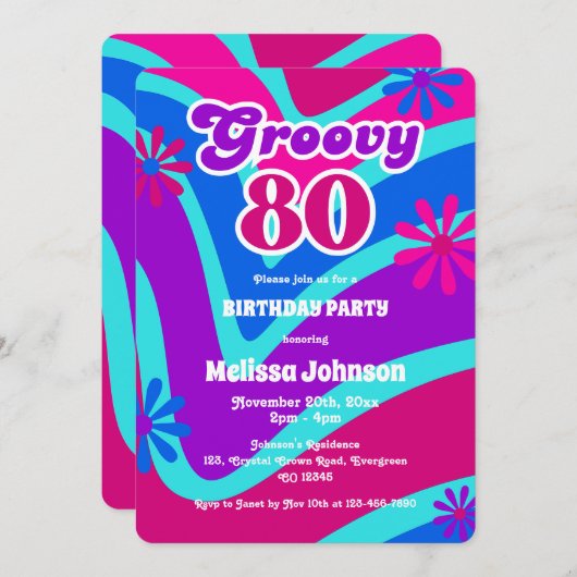 Retro Wave Daisies Groovy 80e Paarse verjaardag Kaart (Voorkant / Achterkant)