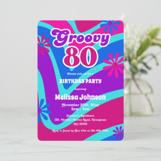 Retro Wave Daisies Groovy 80e Paarse verjaardag Kaart (Staand voorkant)