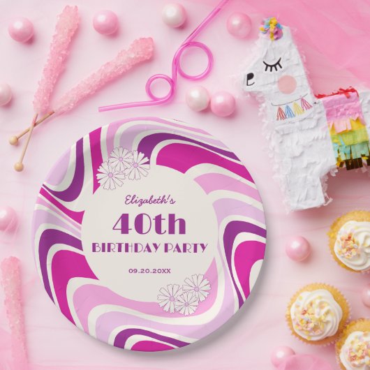 Retro Wave Flower Paarse Roze Verjaardag Papieren Bordje (Feest)