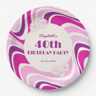 Retro Wave Flower Paarse Roze Verjaardag Papieren Bordje