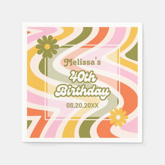 Retro Wave Groovy Flower Green 40e verjaardag Servet (Voorkant)
