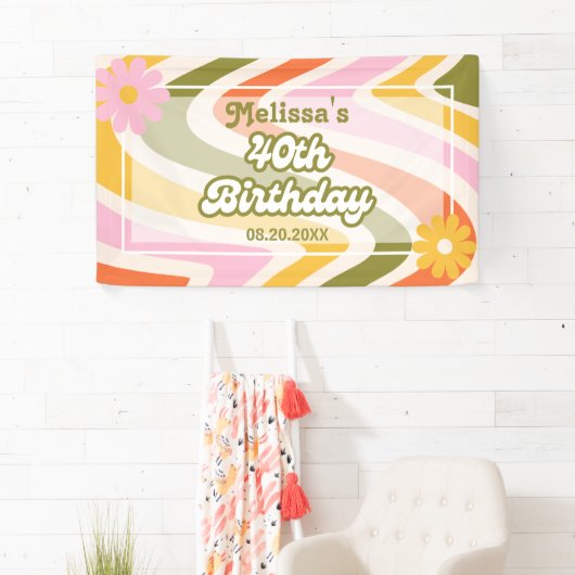 Retro Wave Groovy Flower Green 40e verjaardag Spandoek (Insitu)