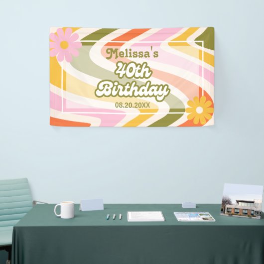 Retro Wave Groovy Flower Green 40e verjaardag Spandoek (Beurs)